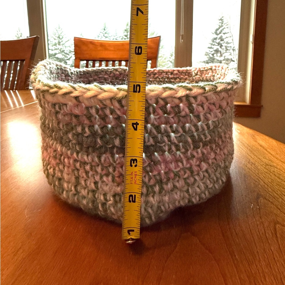 Handmade Crochet Basket With Handles. Pink, Green and Cream. Storage, Gifting. - Picture 4 of 4
